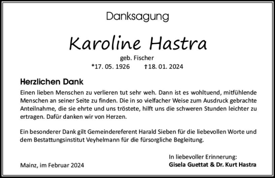 Traueranzeige von Karoline Hastra von Allgemeine Zeitung Mainz