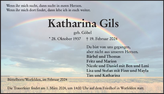 Traueranzeige von Katharina Gils von Groß-Gerauer Echo
