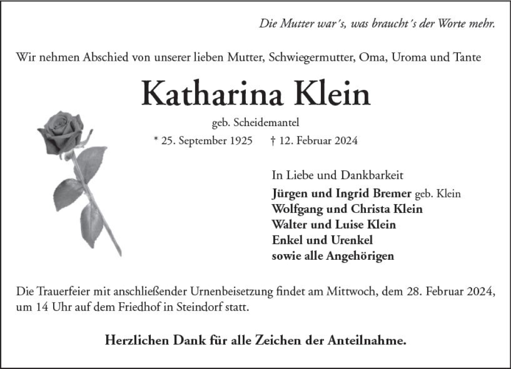  Traueranzeige für Katharina Klein vom 24.02.2024 aus Wetzlarer Neue Zeitung
