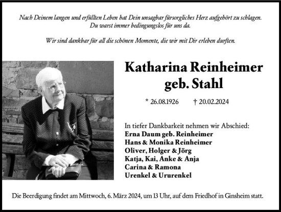 Traueranzeige von Katharina Reinheimer von Allgemeine Zeitung Mainz