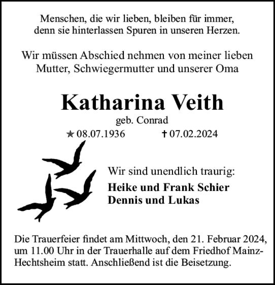  Traueranzeige für Katharina Veith vom 17.02.2024 aus Allgemeine Zeitung Mainz