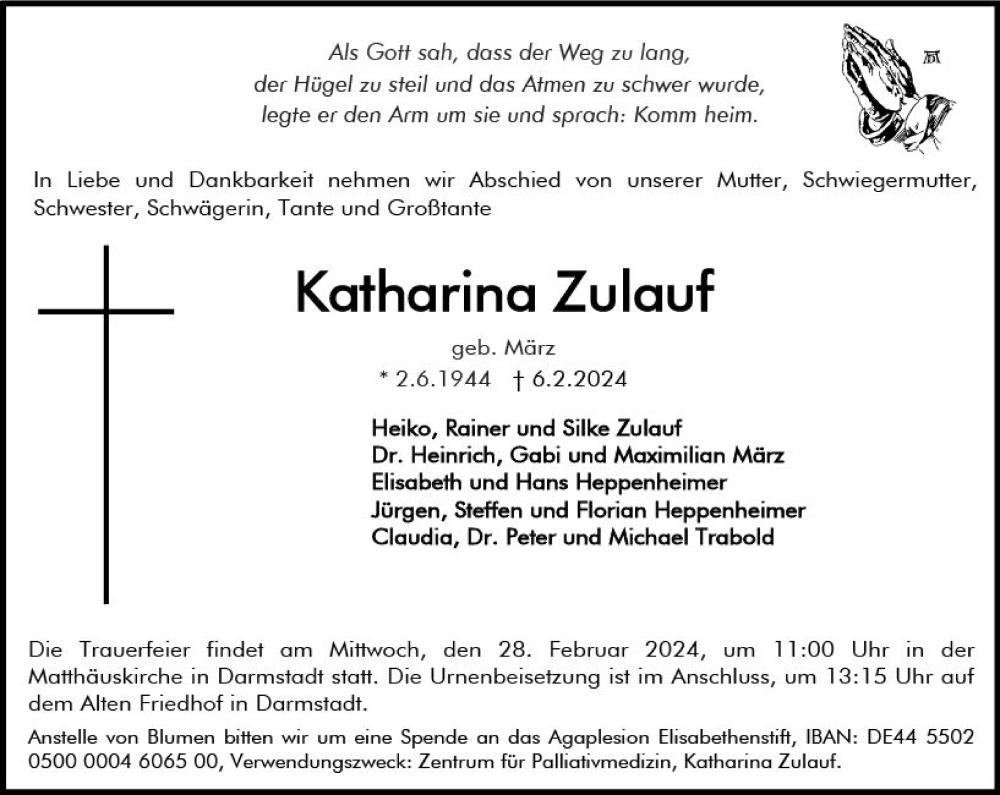  Traueranzeige für Katharina Zulauf vom 17.02.2024 aus Darmstädter Echo