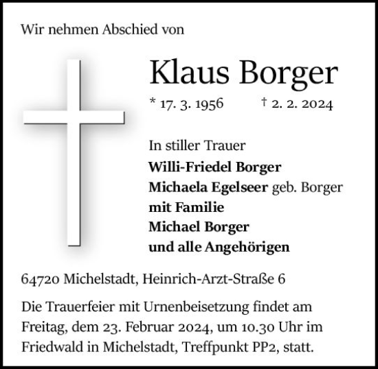 Traueranzeige von Klaus Borger von Odenwälder Echo