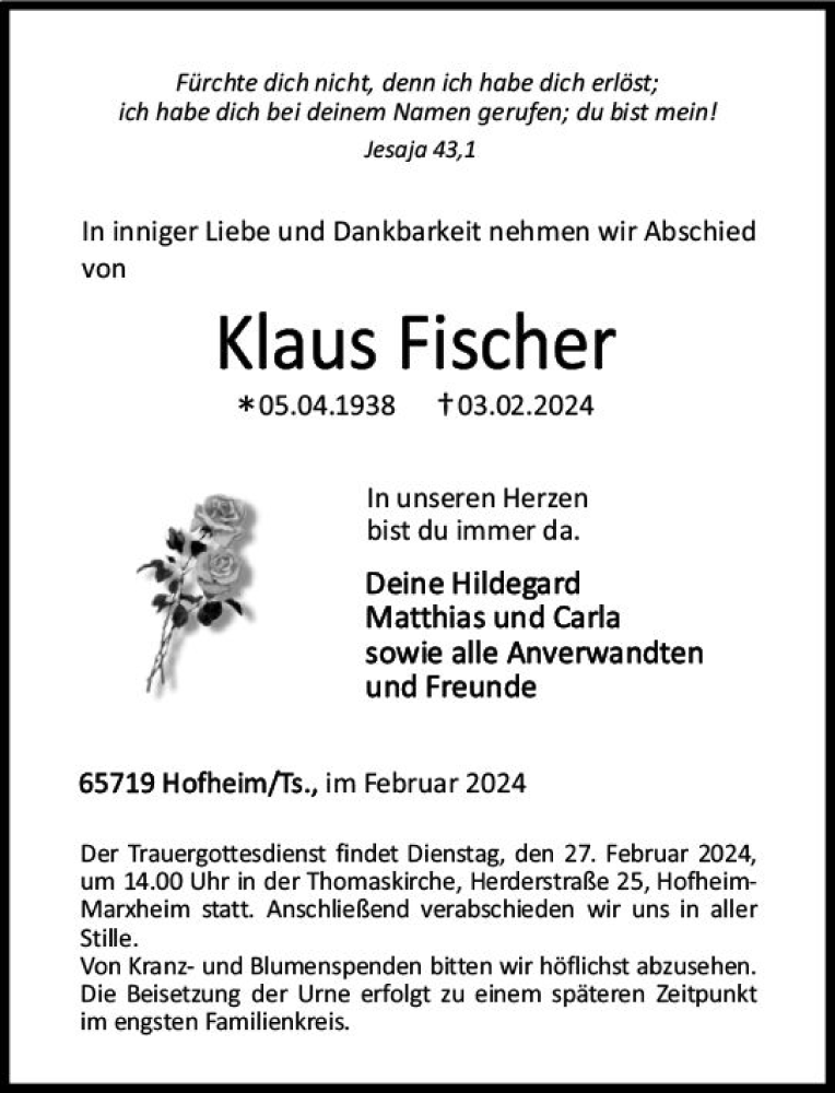  Traueranzeige für Klaus Fischer vom 24.02.2024 aus Wiesbadener Kurier