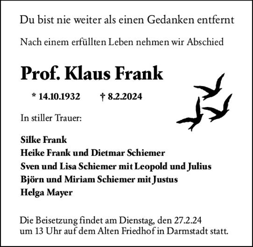  Traueranzeige für Klaus Frank vom 17.02.2024 aus Darmstädter Echo