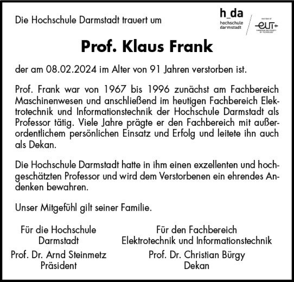  Traueranzeige für Klaus Frank vom 24.02.2024 aus Darmstädter Echo