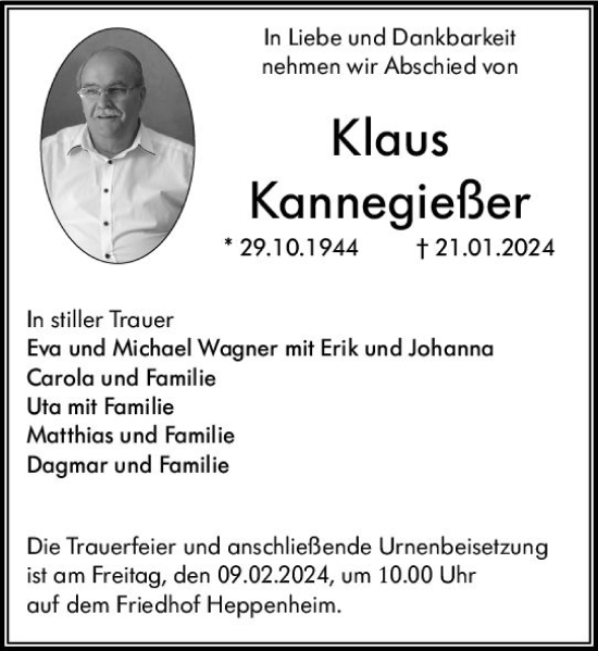 Traueranzeige von Klaus Kannegießer von Bergsträßer Anzeiger
