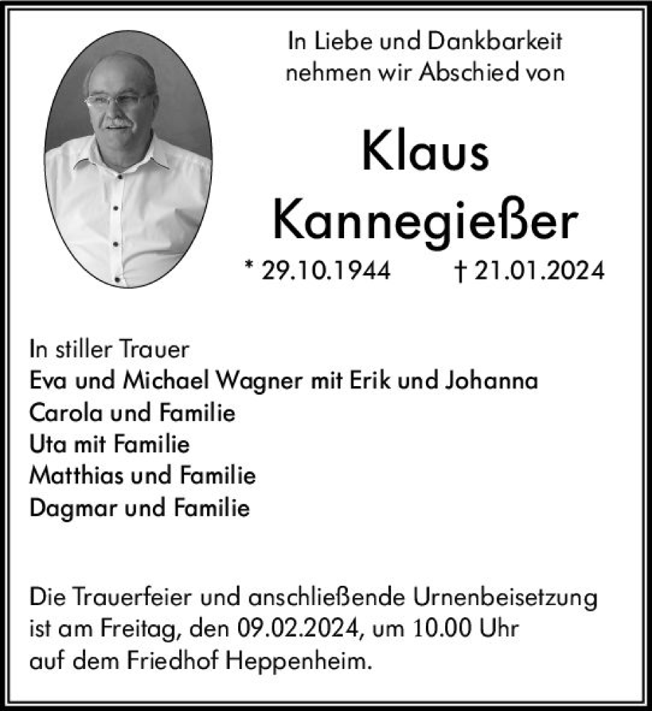  Traueranzeige für Klaus Kannegießer vom 03.02.2024 aus Bergsträßer Anzeiger