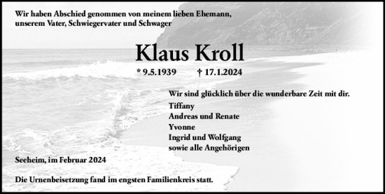Traueranzeige von Klaus Kroll von Darmstädter Echo