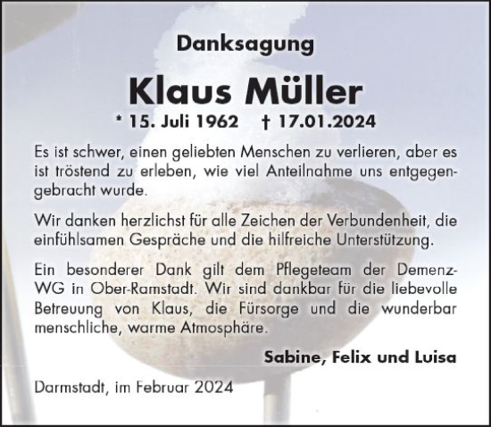 Traueranzeige von Klaus Müller von Darmstädter Echo