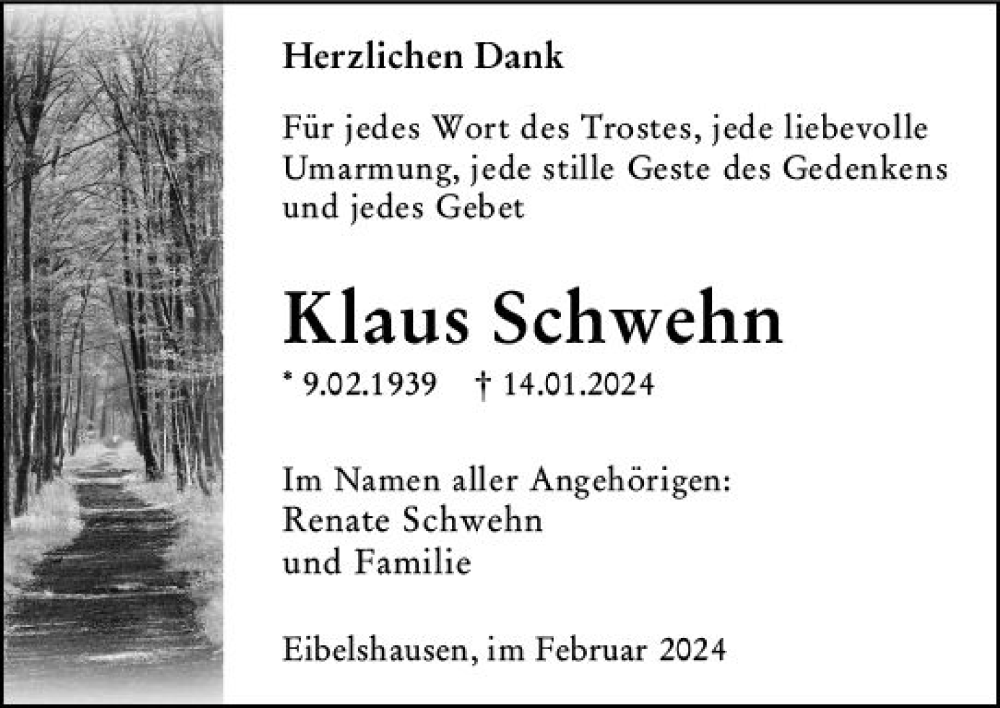  Traueranzeige für Klaus Schwehn vom 10.02.2024 aus Dill Block