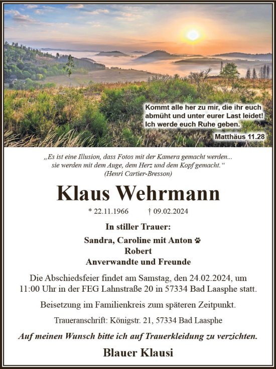 Traueranzeige von Klaus Wehrmann von Hinterländer Anzeiger