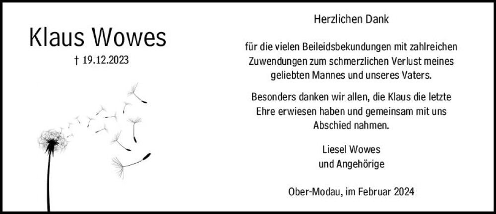  Traueranzeige für Klaus Wowes vom 10.02.2024 aus Darmstädter Echo