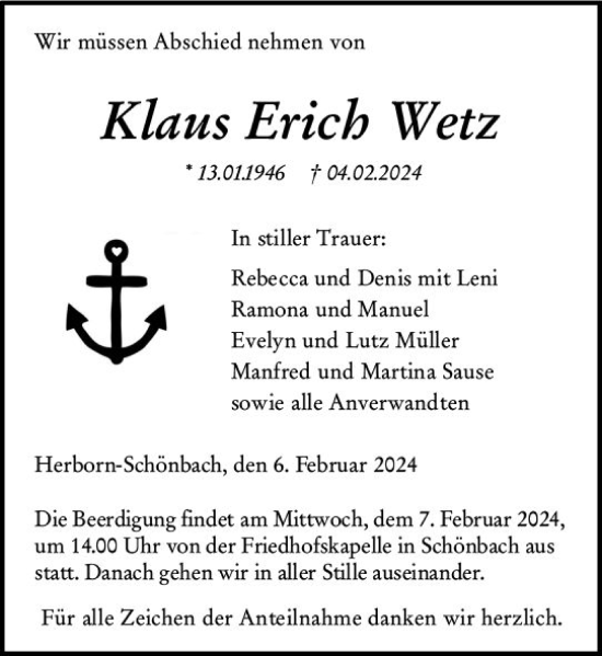 Traueranzeige von Klaus Erich Wetz von Dill Block