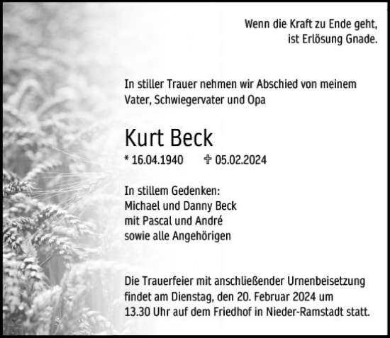 Traueranzeige von Kurt Beck von Darmstädter Echo
