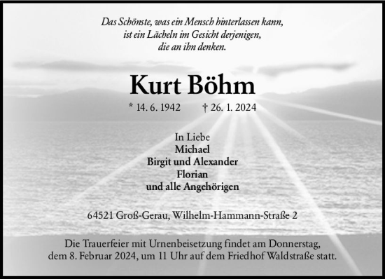 Traueranzeige von Kurt Böhm von Groß-Gerauer Echo