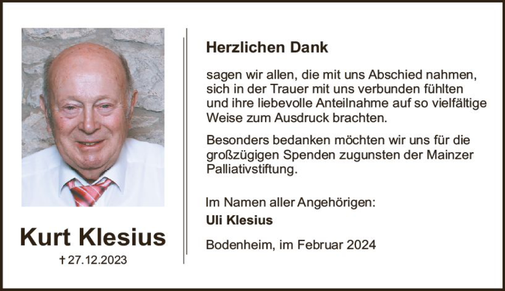  Traueranzeige für Kurt Klesius vom 03.02.2024 aus Allgemeine Zeitung Mainz