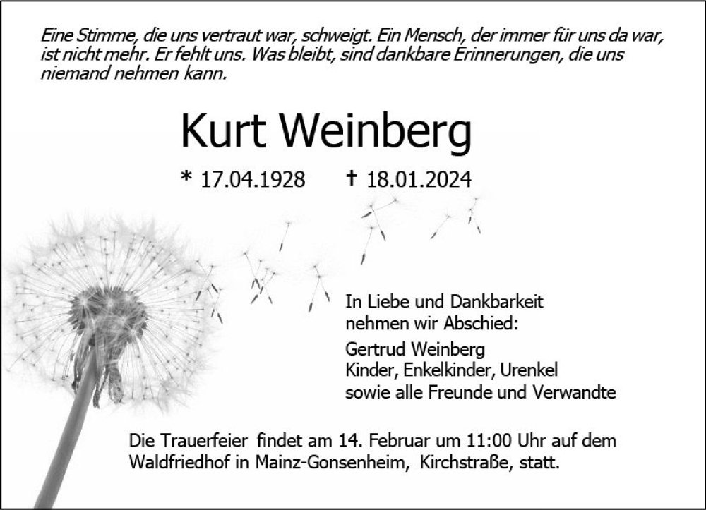  Traueranzeige für Kurt Weinberg vom 03.02.2024 aus Allgemeine Zeitung Mainz