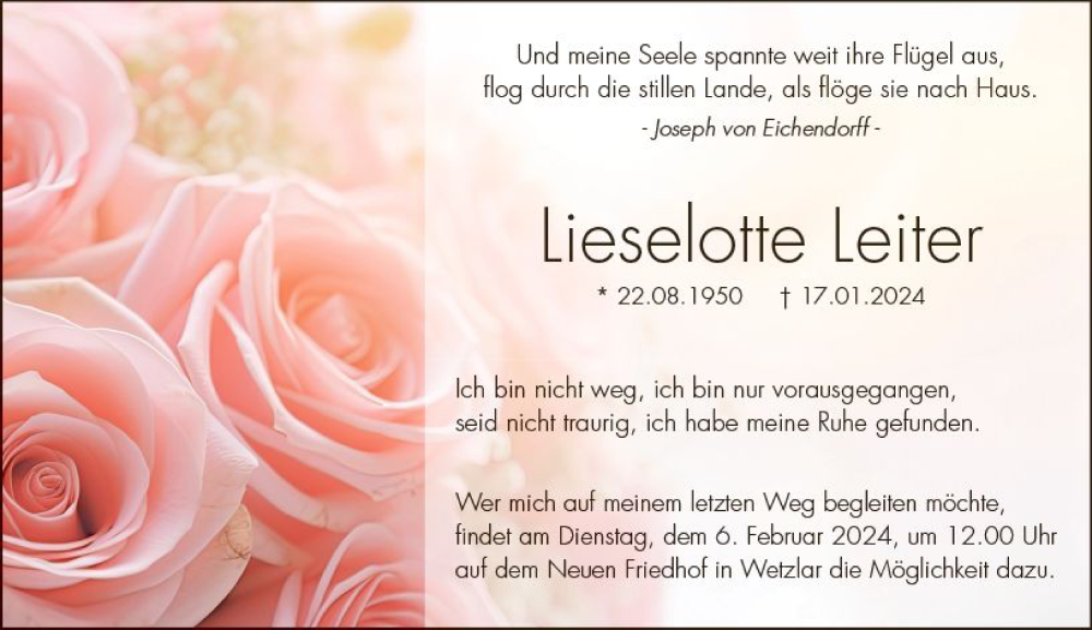  Traueranzeige für Lieselotte Leiter vom 01.02.2024 aus Wetzlarer Neue Zeitung