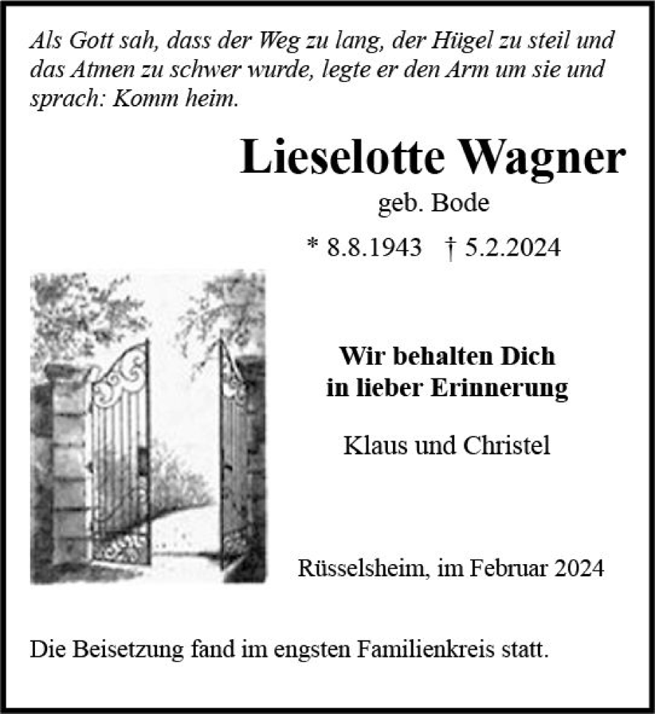  Traueranzeige für Lieselotte Wagner vom 24.02.2024 aus Rüsselsheimer Echo