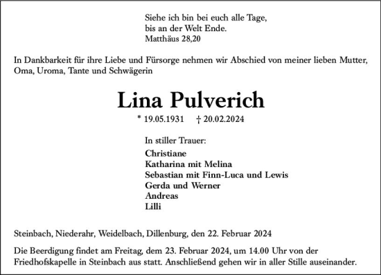 Traueranzeige von Lina Pulverich von Dill Block