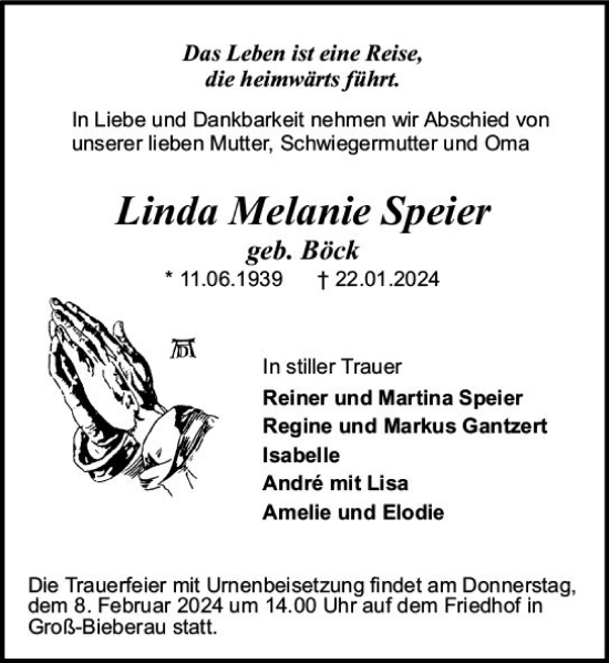 Traueranzeige von Linda Melanie Speier von Darmstädter Echo