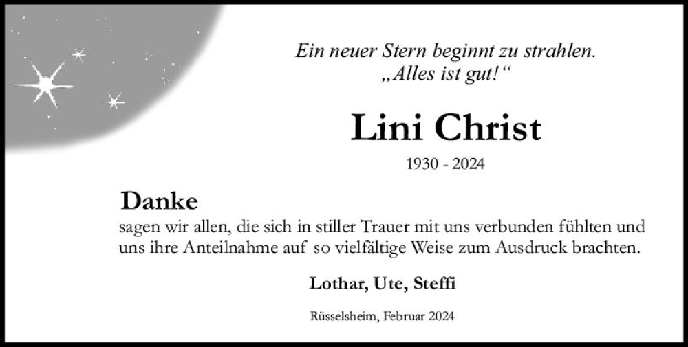  Traueranzeige für Lini Christ vom 10.02.2024 aus Rüsselsheimer Echo