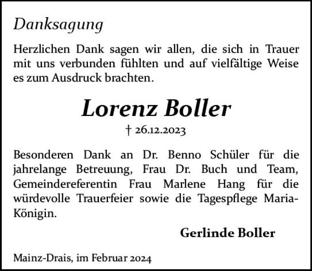  Traueranzeige für Lorenz Boller vom 03.02.2024 aus Allgemeine Zeitung Mainz
