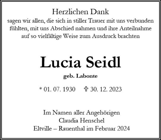 Traueranzeige von Lucia Seidl von Wiesbadener Kurier