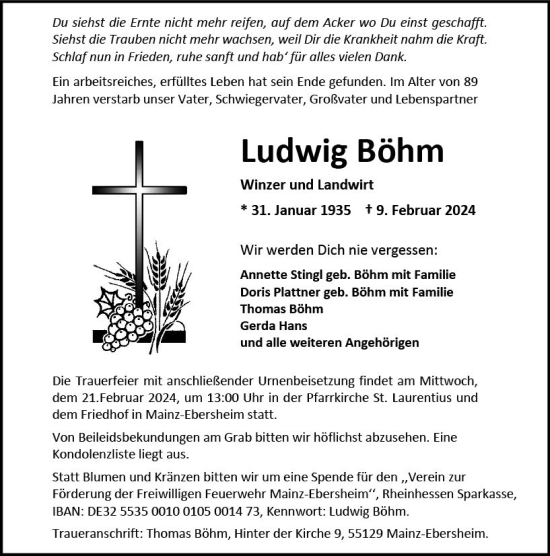 Traueranzeige von Ludwig Böhm von Allgemeine Zeitung Alzey