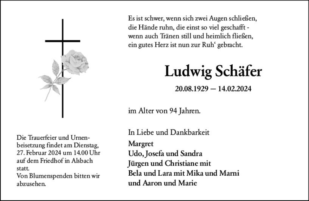  Traueranzeige für Ludwig Schäfer vom 17.02.2024 aus Darmstädter Echo