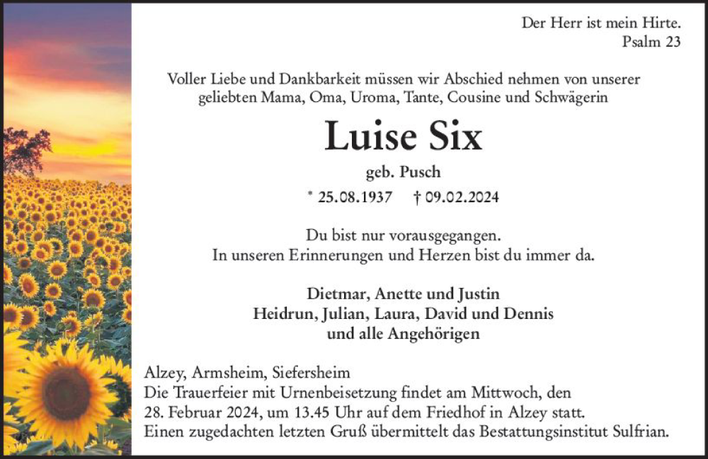  Traueranzeige für Luise Six vom 17.02.2024 aus Allgemeine Zeitung Alzey