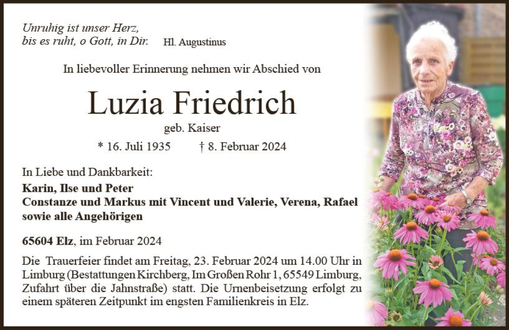 Traueranzeige für Luzia Friedrich vom 17.02.2024 aus Nassauische Neue Presse