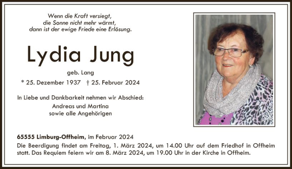  Traueranzeige für Lydia Jung vom 28.02.2024 aus Nassauische Neue Presse