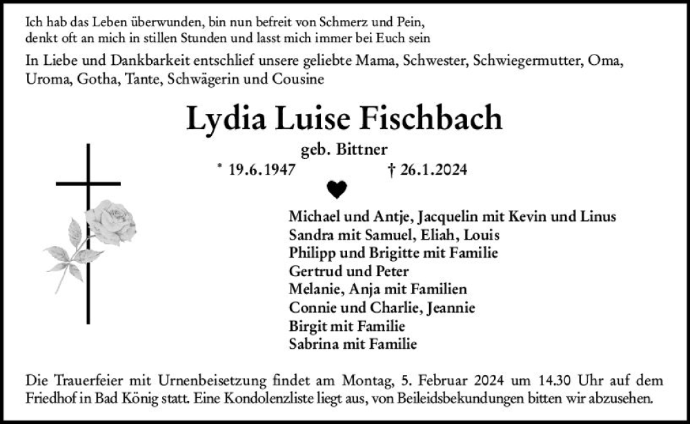  Traueranzeige für Lydia Luise Fischbach vom 03.02.2024 aus Odenwälder Echo