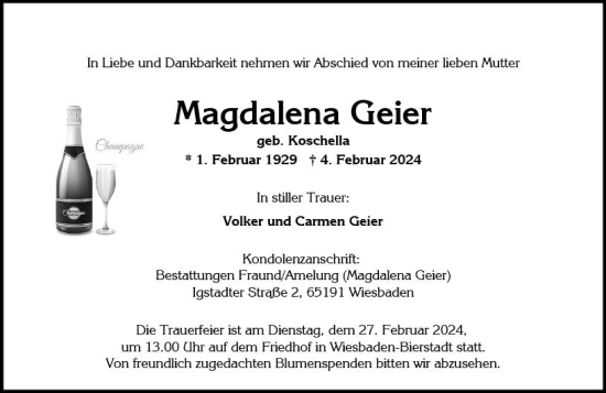 Traueranzeige von Magdalena Geier von Wiesbadener Kurier