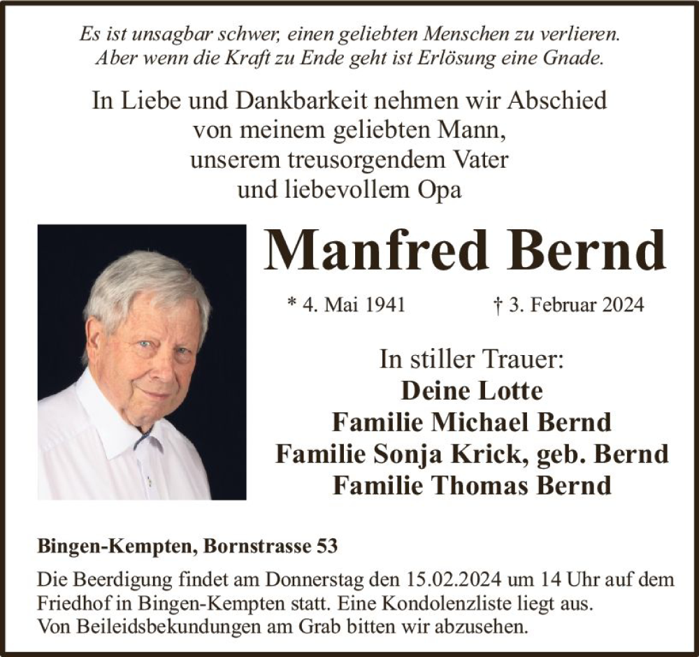  Traueranzeige für Manfred Bernd vom 10.02.2024 aus Binger-/Ingelheimer Wochenblatt