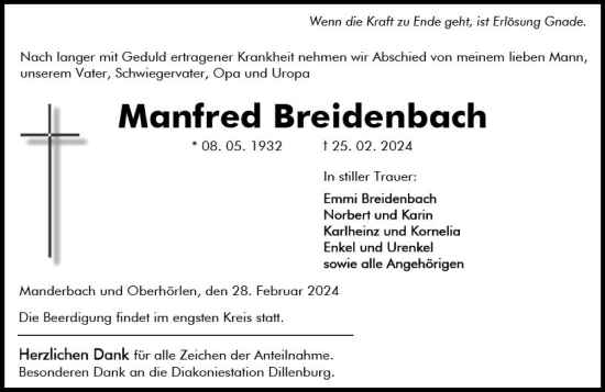 Traueranzeige von Manfred Breidenbach von Dill Block