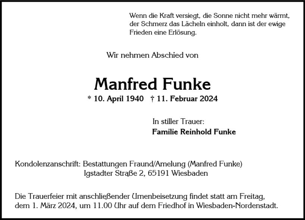 Traueranzeige für Manfred Funke vom 24.02.2024 aus Wiesbadener Kurier