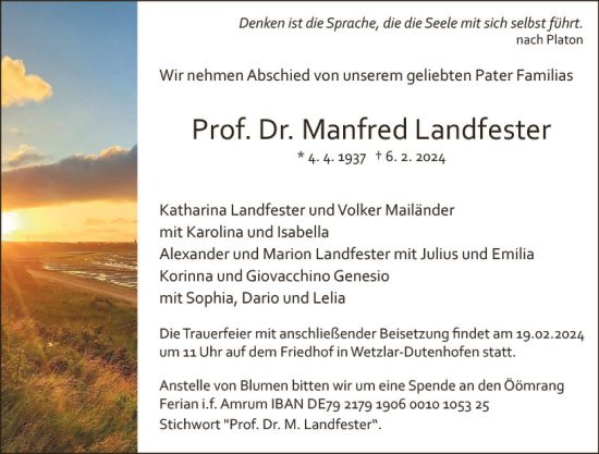 Traueranzeige von Manfred Landfester von Wetzlarer Neue Zeitung
