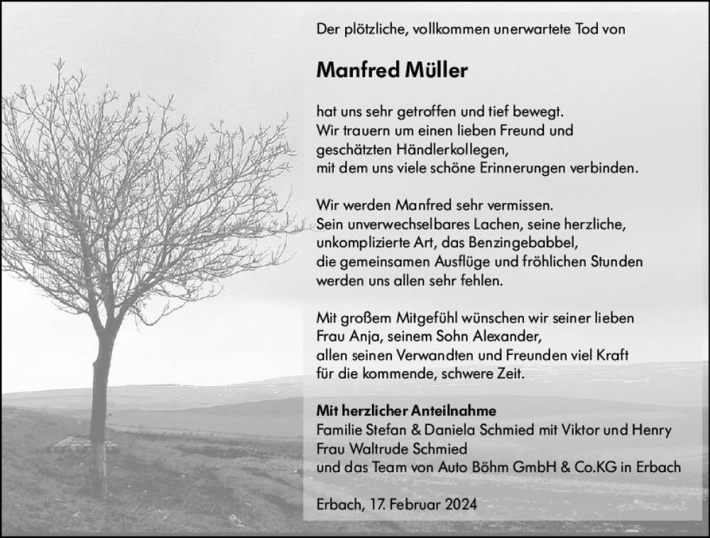  Traueranzeige für Manfred Müller vom 21.02.2024 aus Odenwälder Echo