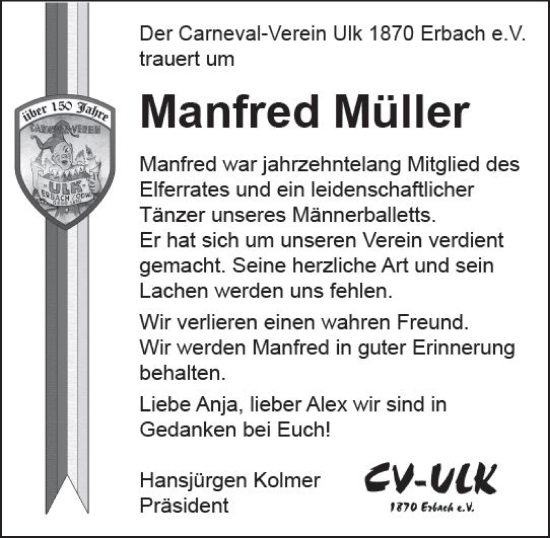 Traueranzeige von Manfred Müller von Odenwälder Echo