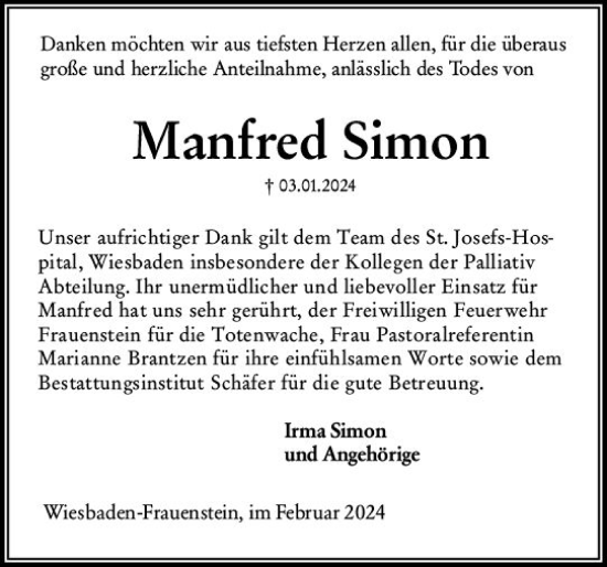 Traueranzeige von Manfred Simon von Wiesbadener Kurier