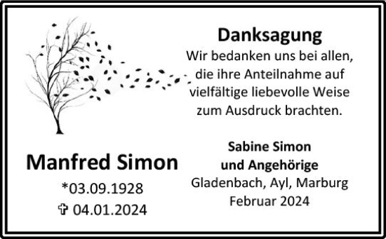 Traueranzeige von Manfred Simon von Hinterländer Anzeiger