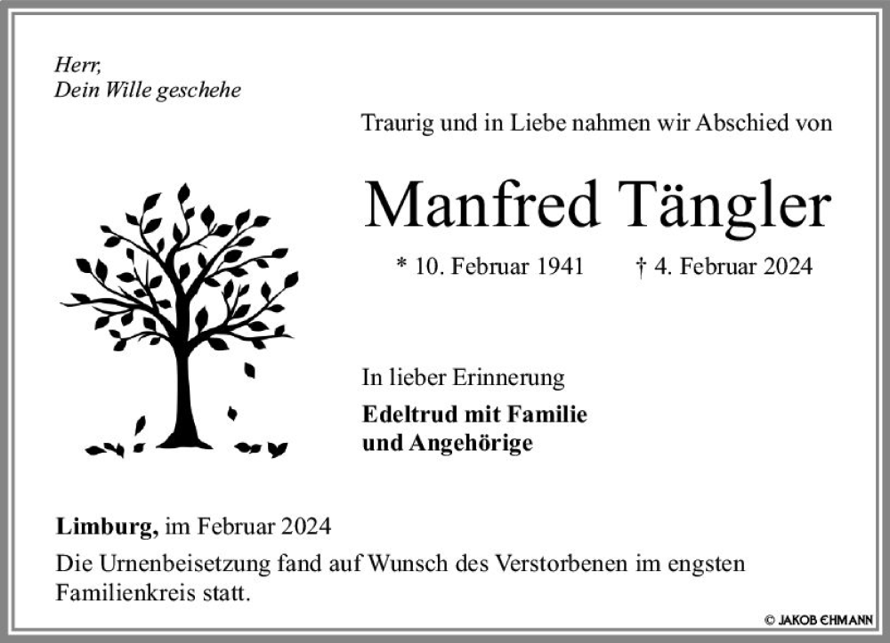  Traueranzeige für Manfred Tängler vom 24.02.2024 aus Nassauische Neue Presse