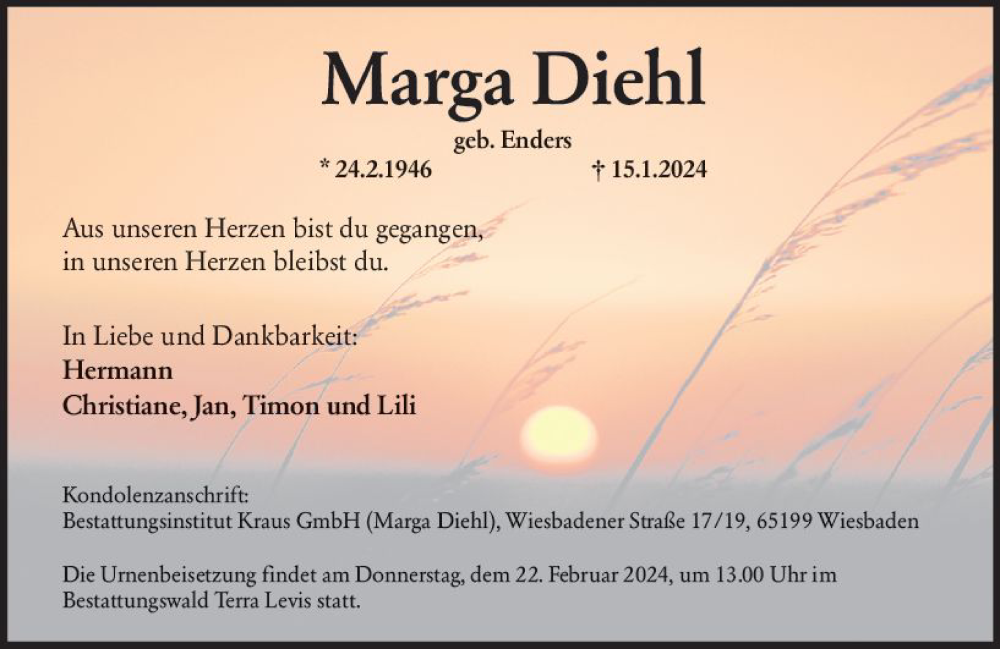  Traueranzeige für Marga Dich vom 10.02.2024 aus Wiesbadener Kurier