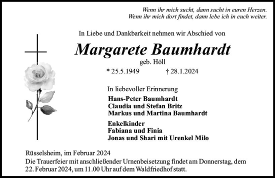 Traueranzeige von Margarete Baumhardt von Rüsselsheimer Echo