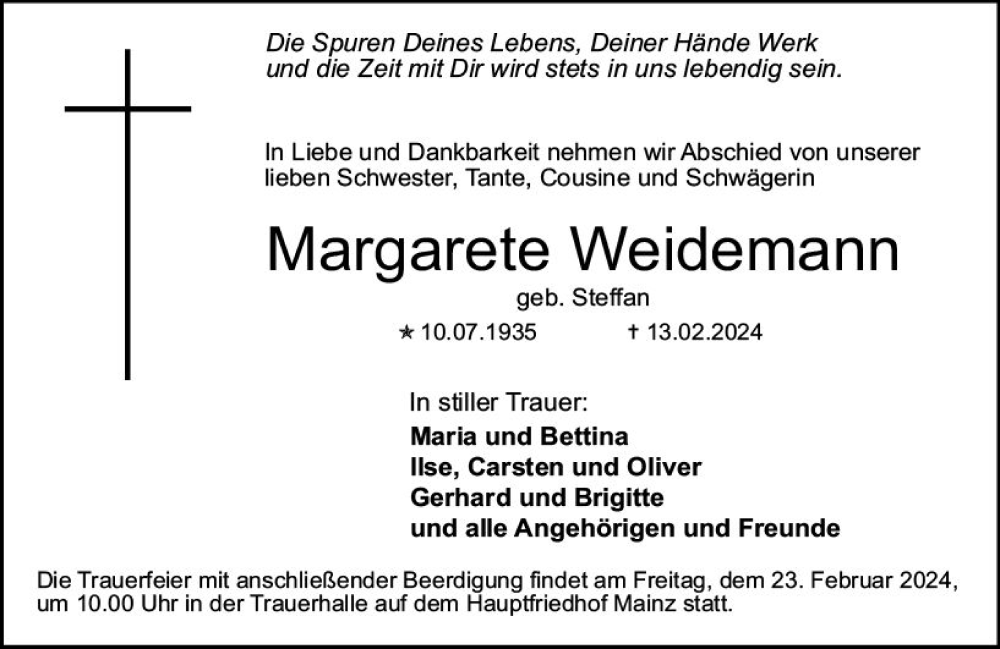  Traueranzeige für Margarete Weidemann vom 17.02.2024 aus Allgemeine Zeitung Mainz