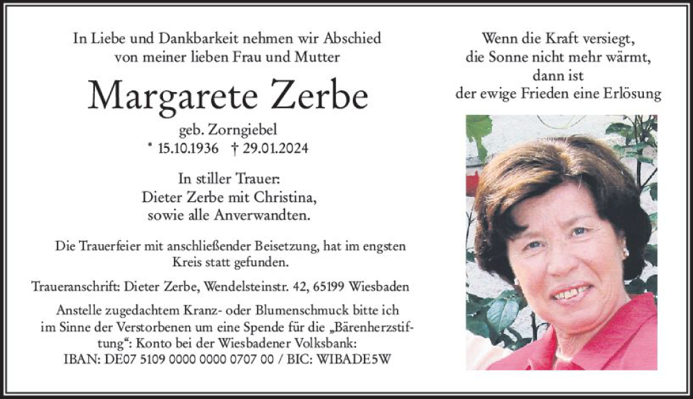  Traueranzeige für Margarete Zerbe vom 17.02.2024 aus Wiesbadener Kurier