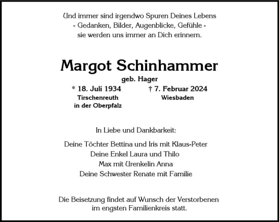 Traueranzeige von Margot Schinhammer von Wiesbadener Kurier